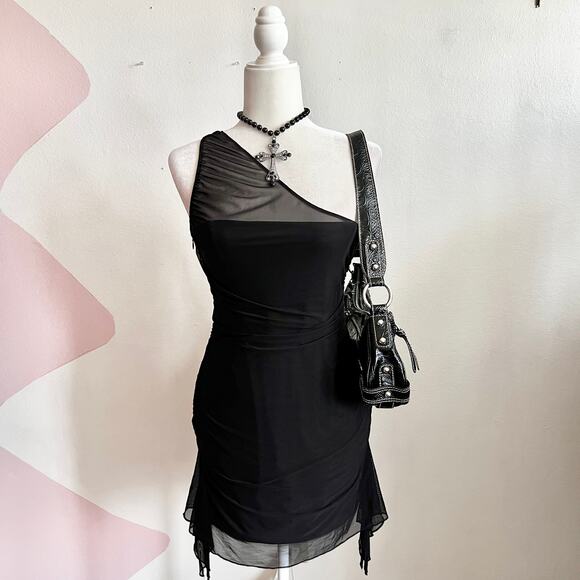Black Mesh Asymmetrical Mini Dress Y2K 2000s Indie Sleaze Grunge Small‎ - Picture 1 of 7